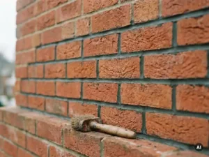 Vers gevoegde bakstenen gevel met grijze voegen en een applicatorkwast, klaar voor impregnatie behandeling.