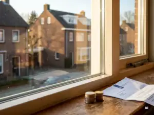 HR++ driedubbel glas vangt middagzon; euromuntjes en subsidiedocument op houten vensterbank in Nederlandse woning.