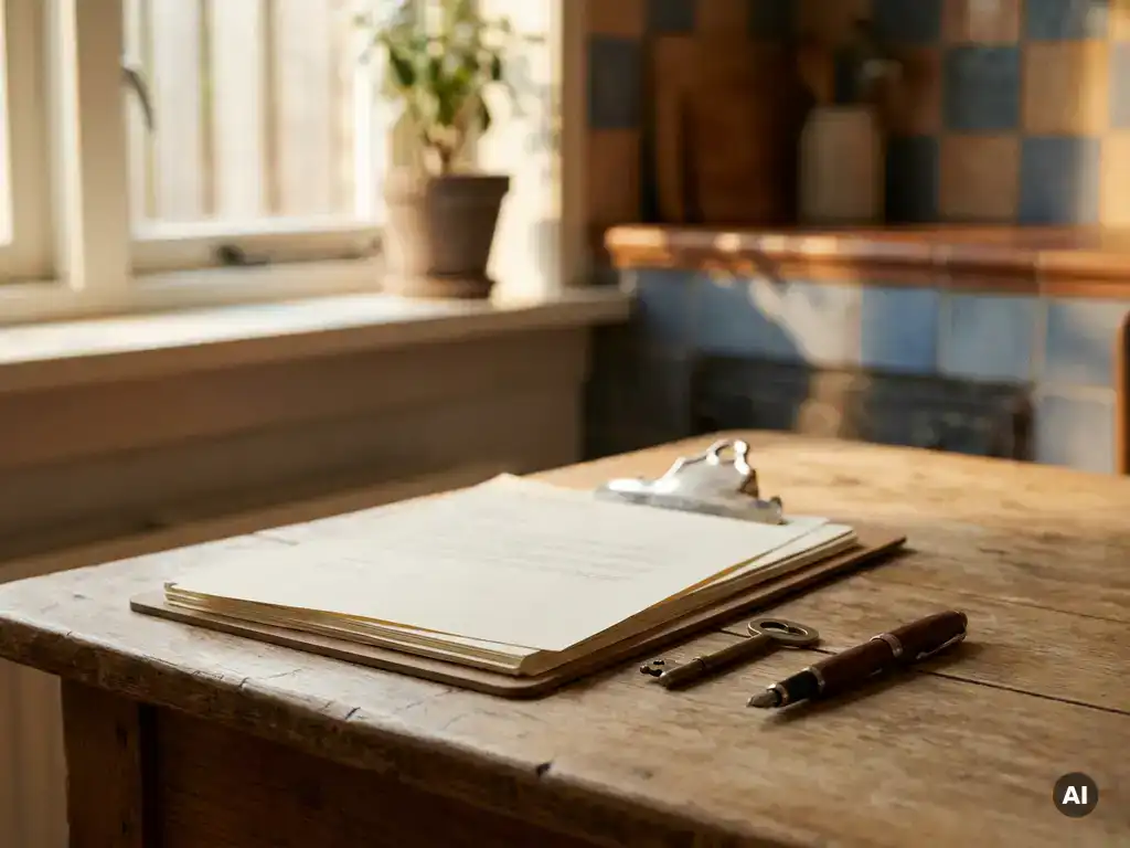 Stapel officiële documenten en klembord op houten keukentafel met huissleutel en pen, warm middaglicht, Nederlands interieur op achtergrond.