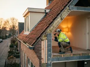 Doorsnede van Nederlandse woning met isolatielagen onder dakpannen, spouwmuren en vloer, aannemer inspecteert gevel in middaglicht.