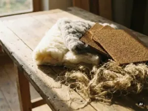 Schaapswol, kurk en hennepvezels als natuurlijke isolatiematerialen op rustiek houten oppervlak in warm middaglicht.