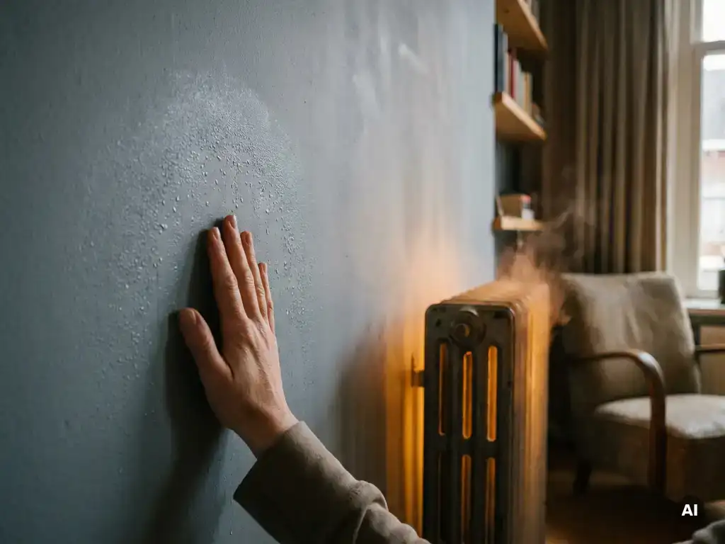 Hand tegen koude muur naast gloeiende radiator met condensatie op pleister in Nederlandse woonkamer.
