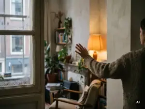 Huiseigenaar voelt koude binnenmuur in Nederlandse rijtjeswoning, met condensatie op enkel glas en warm lamplicht op de achtergrond.
