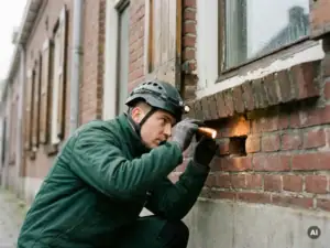 Ongediertebestrijder inspecteert spouwmuur van Nederlandse bakstenen rijtjeswoning met zaklamp.