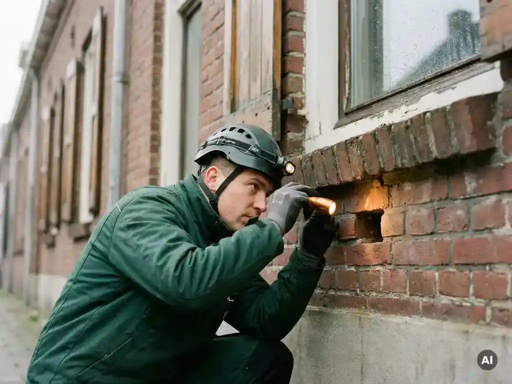 Ongediertebestrijder inspecteert spouwmuur van Nederlandse bakstenen rijtjeswoning met zaklamp.