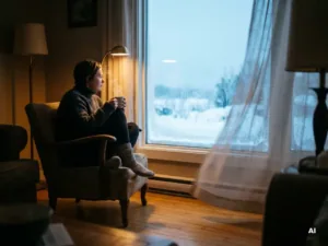 Persoon zittend bij groot enkel glas raam op koude winterdag, gordijn beweegt door tocht, warm gouden interieur contrasteert met berijpt glas.