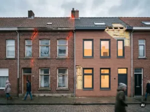 Twee Nederlandse rijtjeshuizen naast elkaar: oud bakstenen huis met warmteverlies en bevroren ramen, modern huis met zichtbare isolatie en warm binnenli