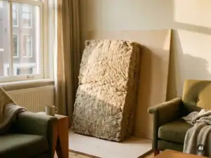 Dikke plaat schaapswollen isolatie tegen geïsoleerd houten vloerpaneel in Nederlandse woning, zachte natuurlijke belichting.