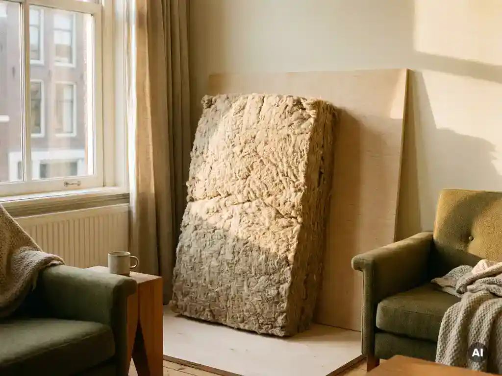 Dikke plaat schaapswollen isolatie tegen geïsoleerd houten vloerpaneel in Nederlandse woning, zachte natuurlijke belichting.
