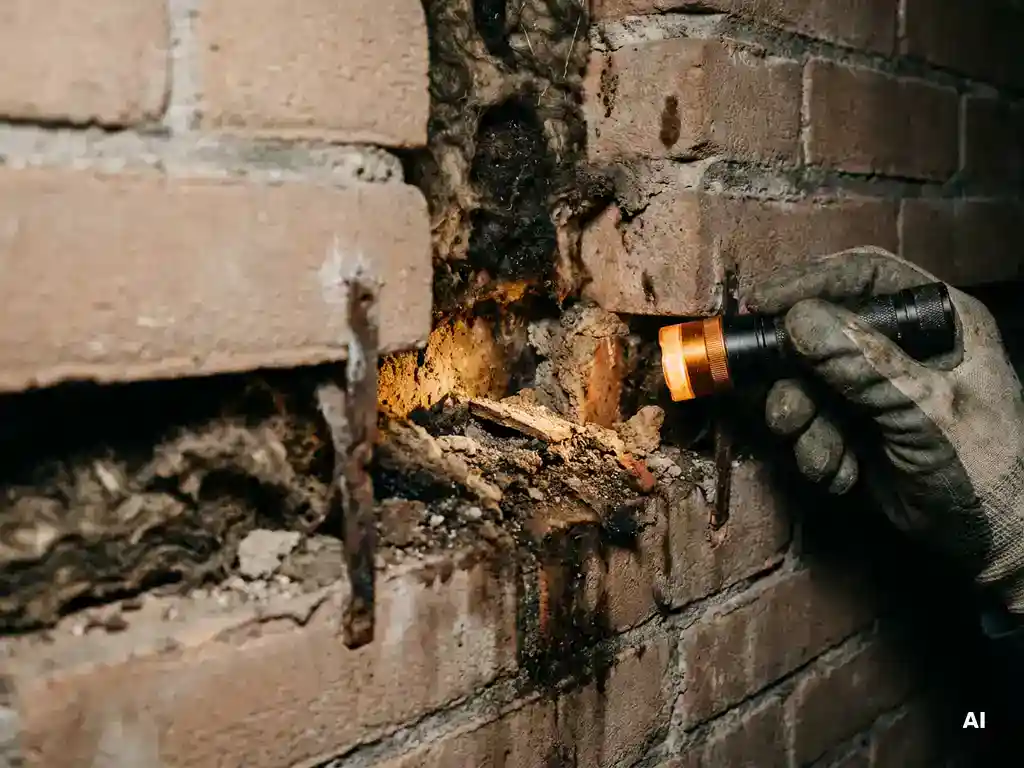 Spouwmuurspecialist inspecteert vervuilde spouwruimte met zaklamp, zichtbaar vocht en puin tussen terracotta bakstenen.