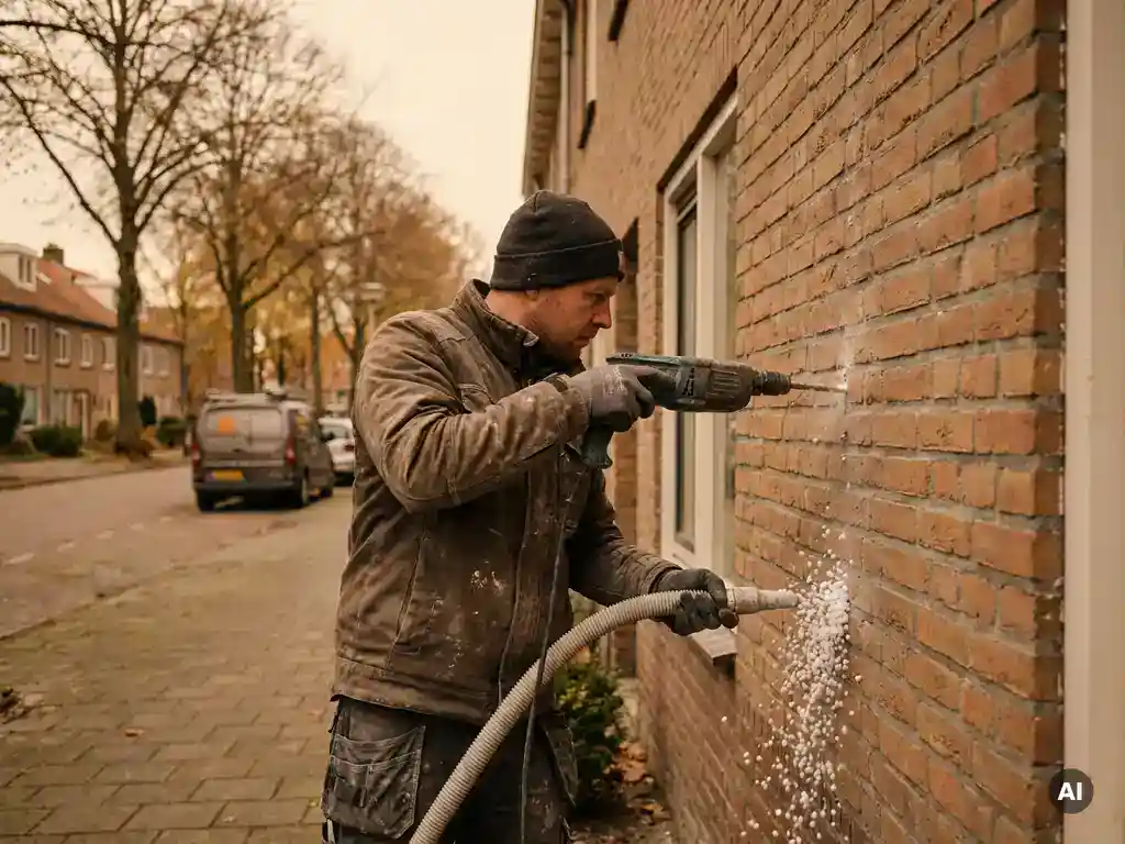 Vakman injecteert witte isolatiegranules in spouwmuur van traditionele Nederlandse bakstenen gevel op rustige woonstraat.