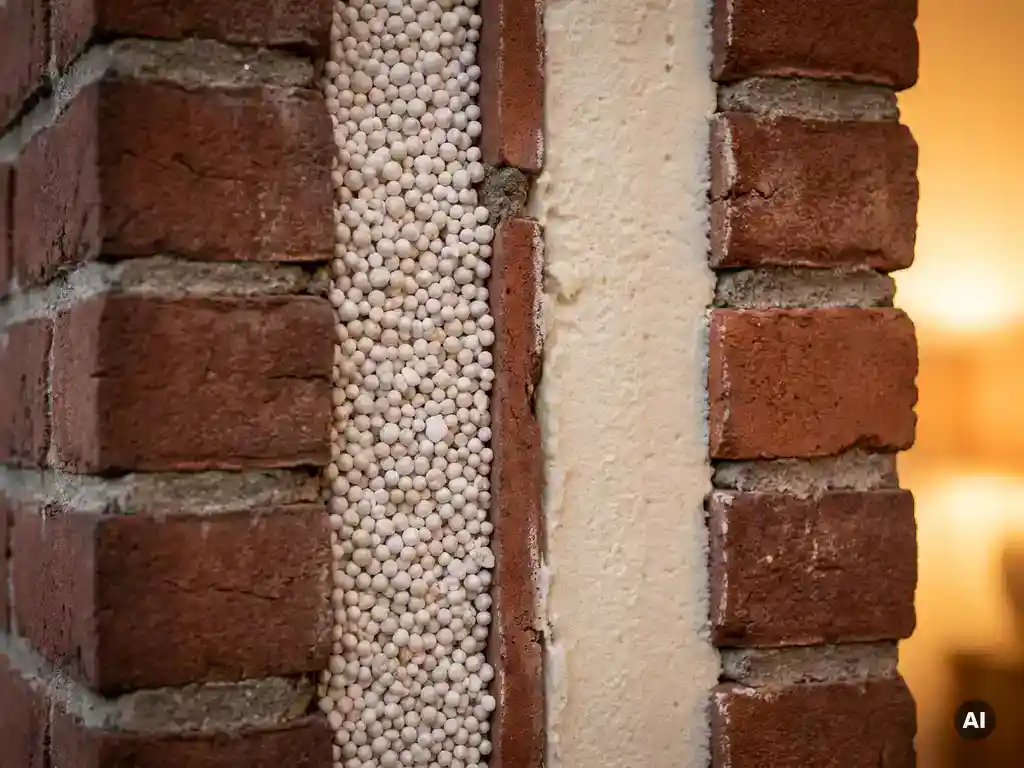 Doorsnede van een Dutch spouwmuur met witte EPS-parels en crèmekleurige PUR-schuim als isolatiematerialen tussen terracotta bakstenen.