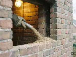 Spouwmuurisolatie wordt ingeblazen tussen twee lagen oude Hollandse baksteen, met een gehandschoende hand die de slang begeleidt.
