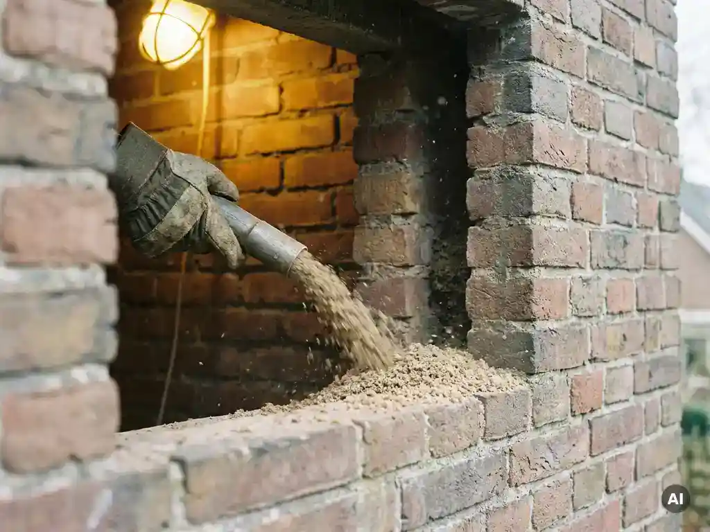 Spouwmuurisolatie wordt ingeblazen tussen twee lagen oude Hollandse baksteen, met een gehandschoende hand die de slang begeleidt.