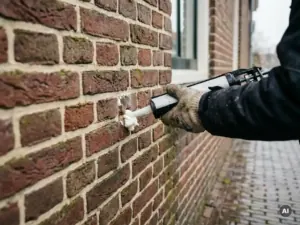 Technicus injecteert isolatieschuim in boorgat van rode bakstenen spouwmuur bij woonhuis.