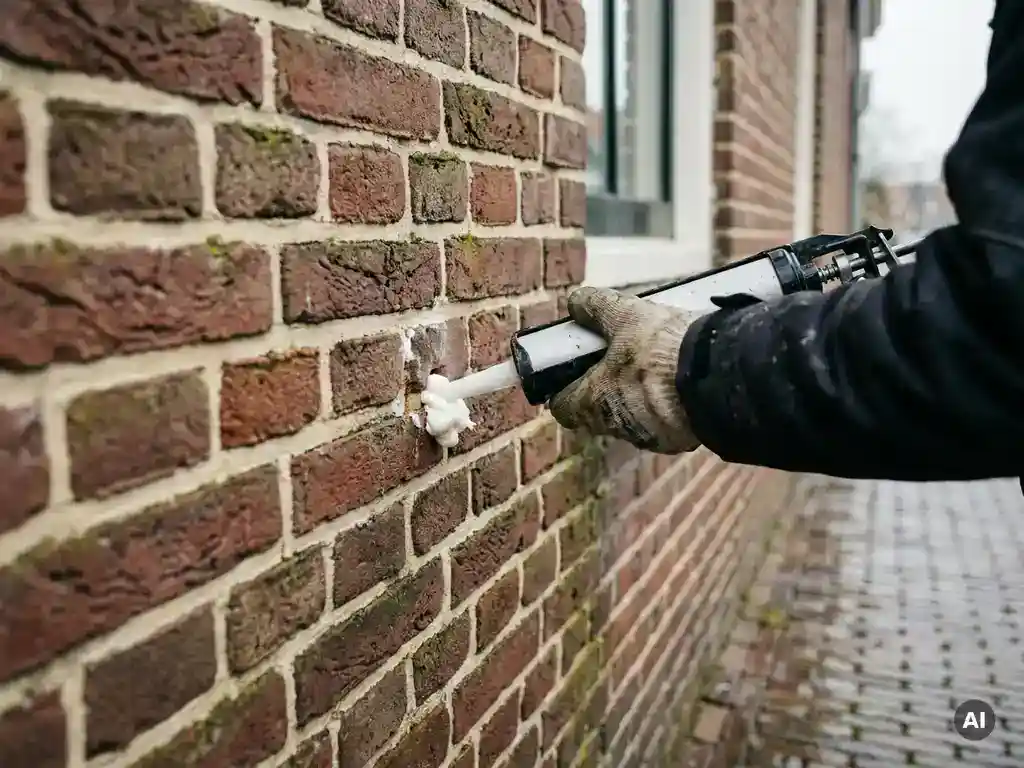 Technicus injecteert isolatieschuim in boorgat van rode bakstenen spouwmuur bij woonhuis.