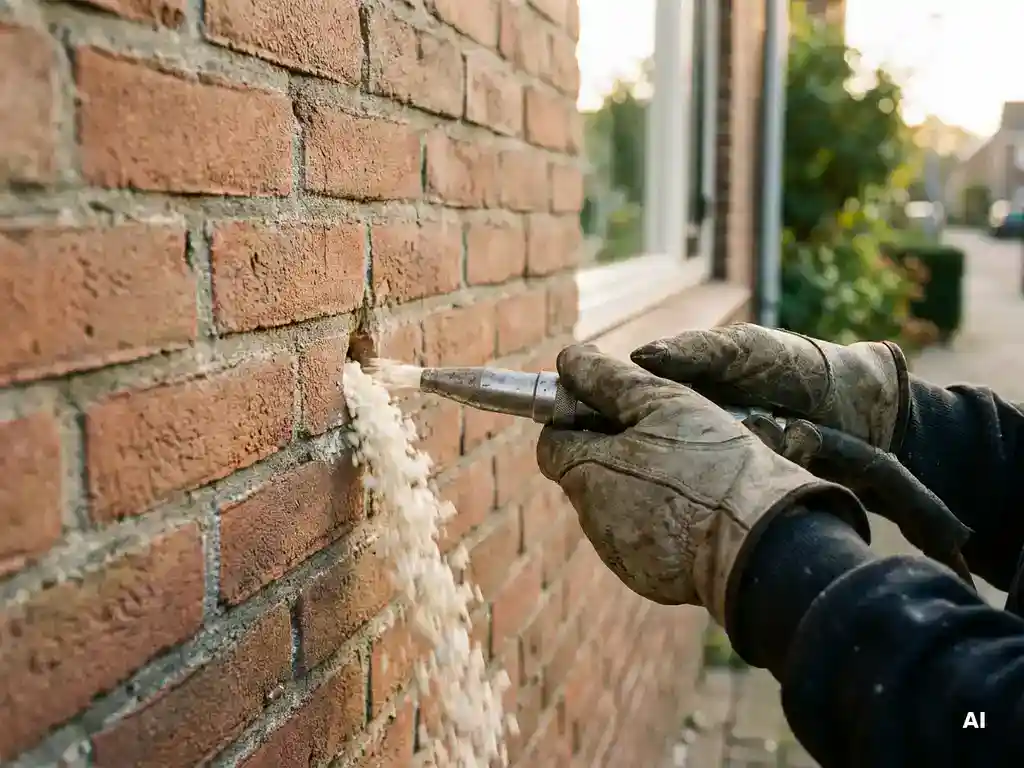 Gehandschoende hand injecteert isolatiemateriaal via boorgat in spouwmuur van terracotta baksteen.