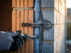 Doorsnede van een spouwmuur met ingeblazen isolatieschuim en zichtbare koudbrug langs een ongeïsoleerde metalen muuranker.