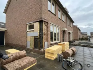 Nederlandse rijtjeswoning met blootgelegde spouwmuur, omringd door isolatiematerialen: EPS-platen, minerale wol en spuitschuimapparatuur op oprit.