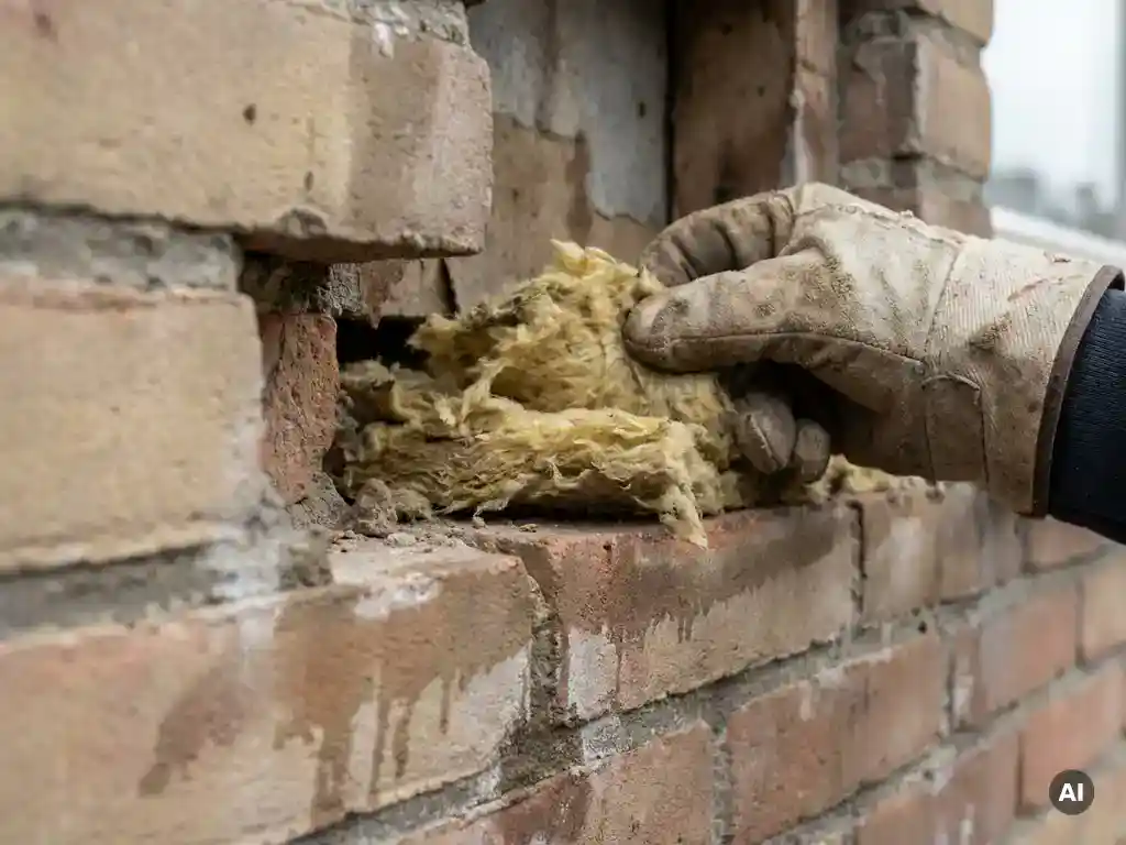 Doorsnede van spouwmuur in oudere Nederlandse rijtjeswoning met vergeelde, kruimelende minerale wol en een gehandschoende hand die het materiaal inspecteert.