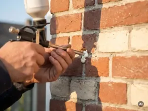 Installateur injecteert PUR-schuim in boorgat van traditionele Nederlandse bakstenen spouwmuur tijdens isolatiewerkzaamheden.