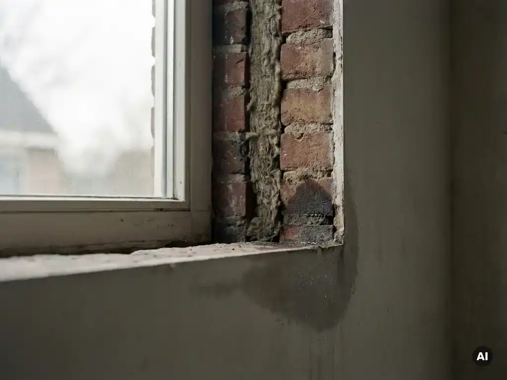 Doorsnede van een spouwmuur met isolatiemateriaal en vochtcondensatie op het binnenpleisterwerk in een Nederlandse woning.