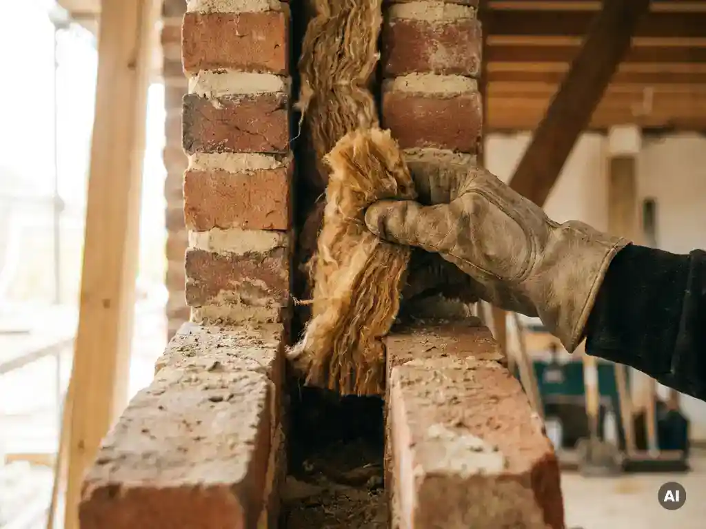 Gehandschoende hand die isolatiewol in de spouw van een traditionele Nederlandse spouwmuur drukt.