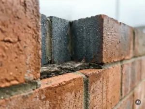 Doorsnede van een spouwmuur met vochtdruppels op het binnenspouwblad en vochtige isolatie tussen terracotta en grijze bakstenen.