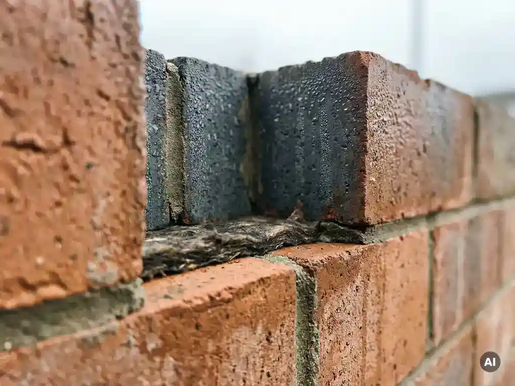 Doorsnede van een spouwmuur met vochtdruppels op het binnenspouwblad en vochtige isolatie tussen terracotta en grijze bakstenen.