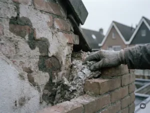 Doorgesneden spouwmuur van Nederlandse woning met vochtplekken op het binnenblad en een gehandschoende hand op brokkelig isolatiemateriaal.
