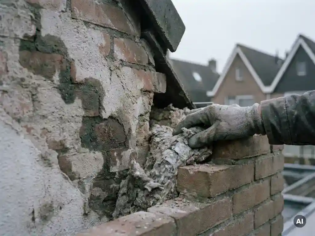 Doorgesneden spouwmuur van Nederlandse woning met vochtplekken op het binnenblad en een gehandschoende hand op brokkelig isolatiemateriaal.