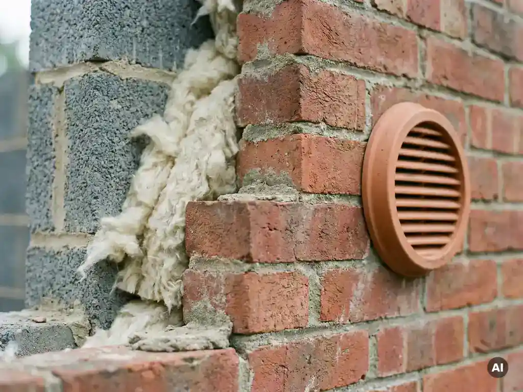 Doorsnede van een spouwmuur met zichtbaar isolatiemateriaal en een ventilatierooster op rode bakstenen buitengevel.