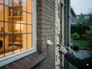 Spouwmuurisolatie wordt ingespoten in de bakstenen gevel van een Nederlandse woning, met warm goudgeel licht zichtbaar door het raam.