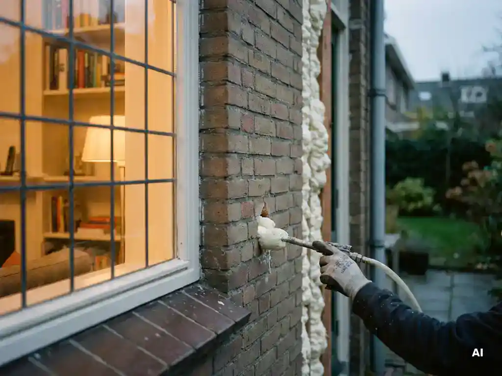 Spouwmuurisolatie wordt ingespoten in de bakstenen gevel van een Nederlandse woning, met warm goudgeel licht zichtbaar door het raam.