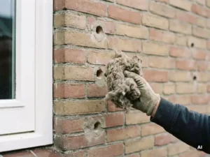Gehandschoende hand met minerale wol bij een Nederlandse bakstenen gevel met boorgaten voor spouwmuurisolatie.