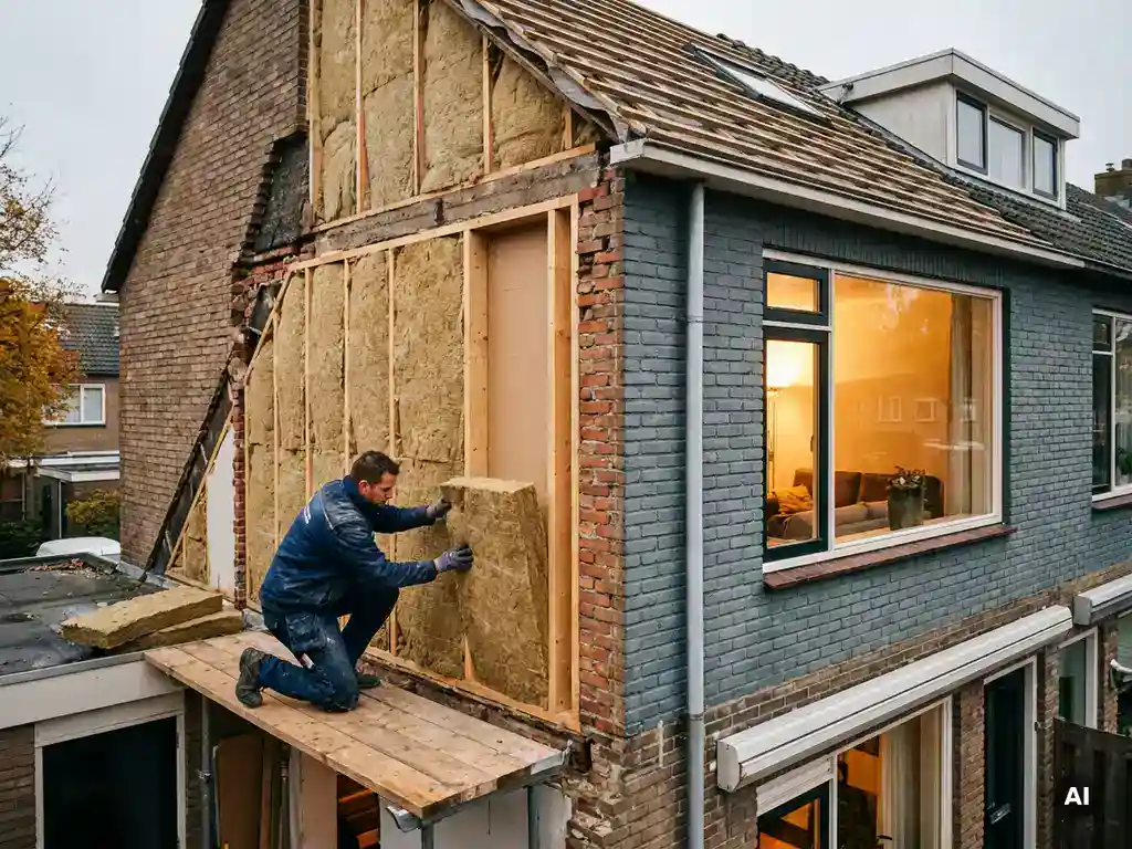 Isolatiespecialist plaatst dikke minerale wolpanelen in open spouwmuur van Nederlandse rijtjeswoning met zichtbare daklagen.