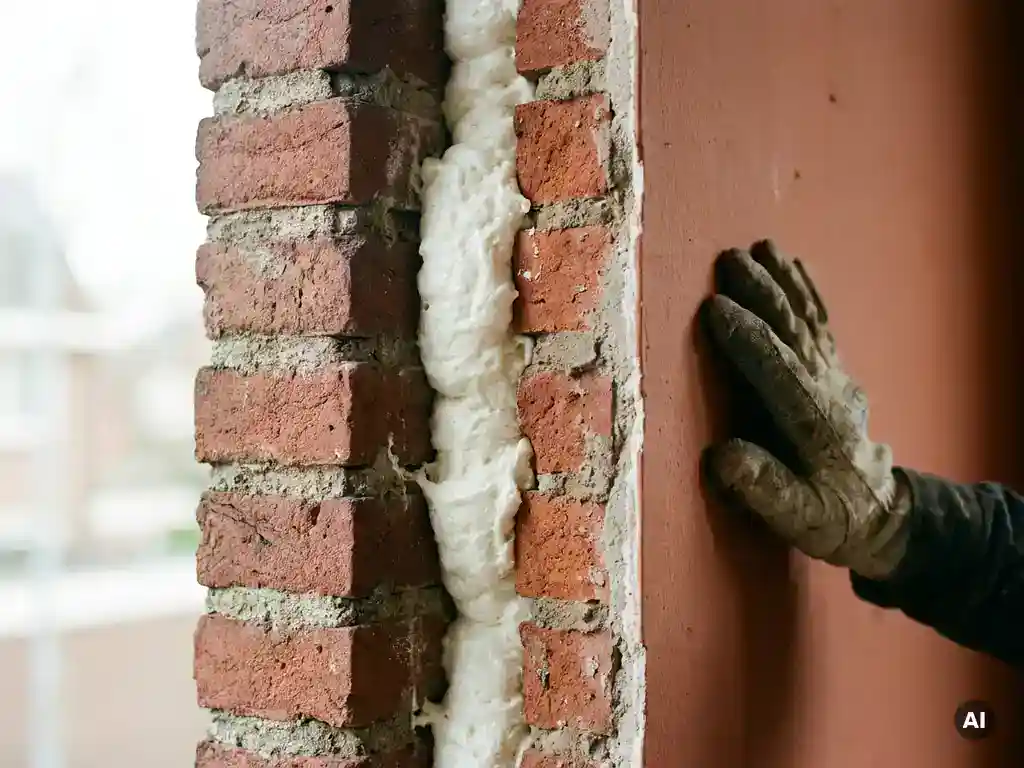 Spouwmuurisolatie in Nederlandse bakstenen muur met wit schuim tussen de lagen, hand in handschoen tegen de binnenmuur.