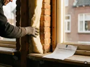 Huiseigenaar drukt isolatieschuim in spouwmuur van Nederlandse woning, met subsidiedocument op vensterbank.