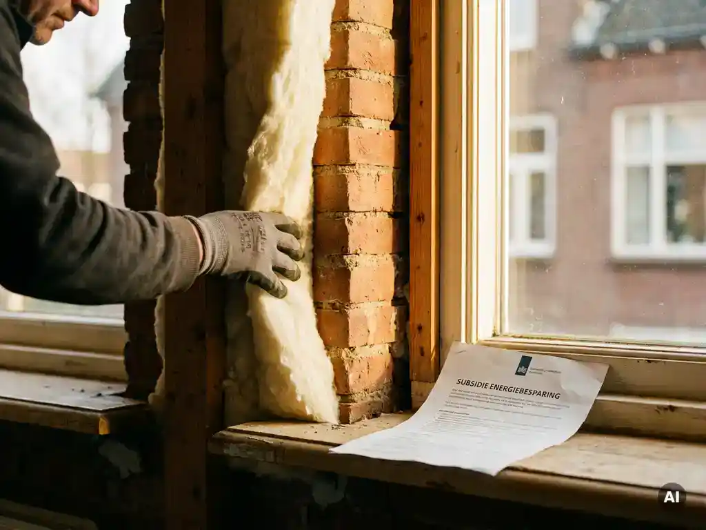 Huiseigenaar drukt isolatieschuim in spouwmuur van Nederlandse woning, met subsidiedocument op vensterbank.