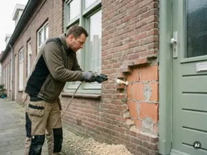 Isolatietechnicus injecteert schuimisolatie in spouwmuur van Nederlandse bakstenen rijtjeswoning via geboord gat.