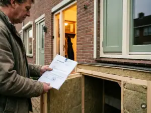 Huiseigenaar houdt subsidiedocument vast naast geïsoleerd kruipruimtepaneel, warme voordeur op achtergrond van Nederlandse woning.