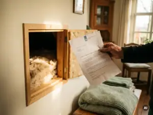 Hand met subsidiebrief naast open kruipruimteluik met zichtbaar isolatiemateriaal in Nederlandse woning.