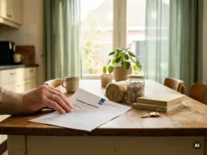 Hand die een subsidieformulier op een houten keukentafel legt, naast isolatiemateriaalstalen en een huissleutel.