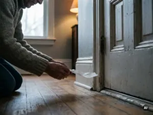Huiseigenaar knielt bij tochtige plint naast voordeur, houdt wapperende tissue vast om luchtlekkage te detecteren.