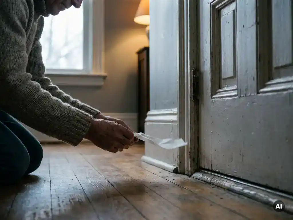 Huiseigenaar knielt bij tochtige plint naast voordeur, houdt wapperende tissue vast om luchtlekkage te detecteren.
