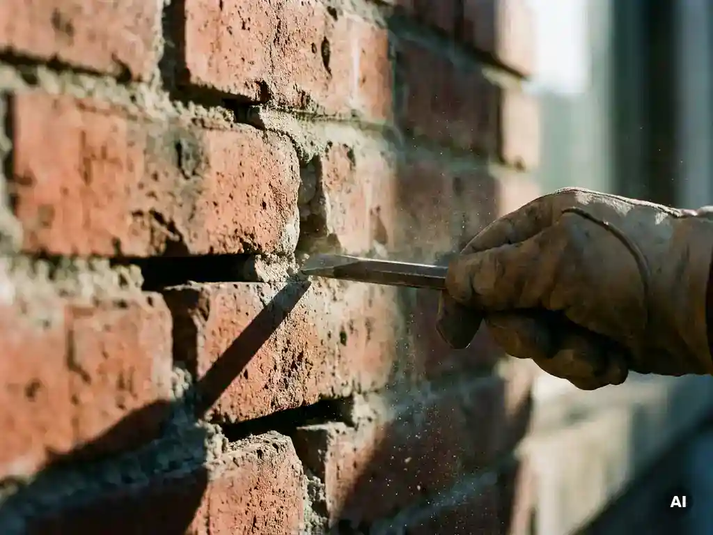 Gehandschoende hand met beitel die voegwerk verwijdert uit verweerde rode bakstenen gevel, fijn grijs stof zichtbaar in zijlicht.