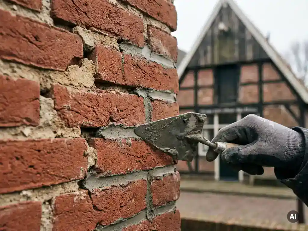 Gehandschoende hand die grijze voegmortel in bakstenen muurvoegen drukt, met verwerend metselwerk op Nederlandse gevel.