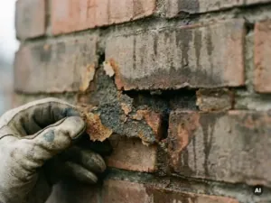Verweringsschade aan voegwerk tussen oude bakstenen muur, met afbrokkelende mortel en vochtplekken, terwijl een gehandschoende hand een aangetaste voeg aanraakt.